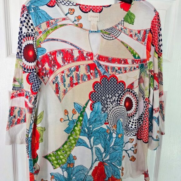 Chico's floral oriental print 3/4 sleeve top Size 2P/LP - Picture 1 of 5